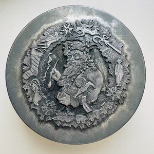 Vintage Metzke Christmas Santa Embossed Pewter Top Metal Tin 7 ¾” Collectible